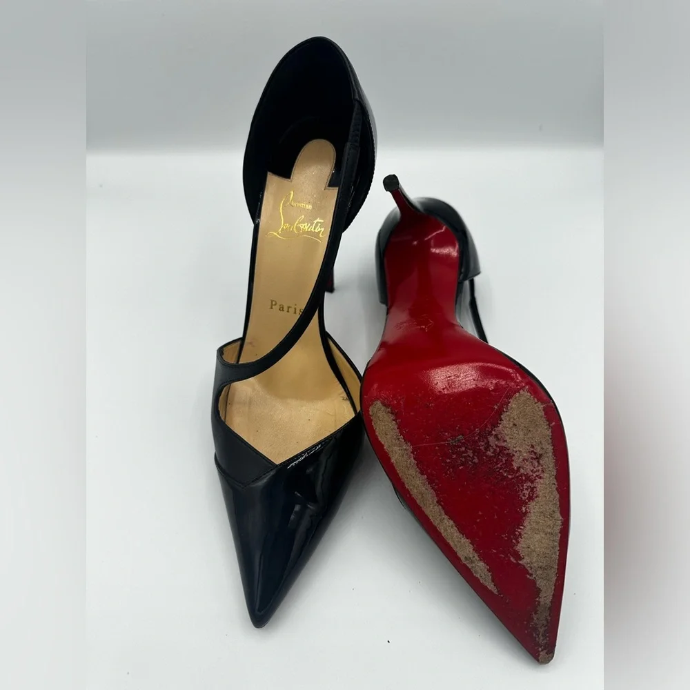 Christian Louboutin Black Patent Leather T-Strap Pointed Toe Pumps